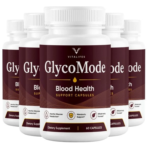 Several bottles of GlycoMode Blood Health Support Capsules stood in a row